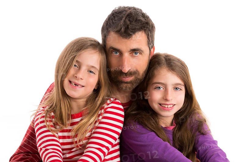Happy family beard father and two kid daughters blue eyes on white background