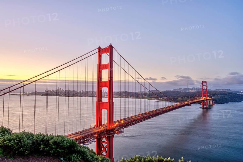 The famous Golden Gate Bridge in San Francisco at sunrise