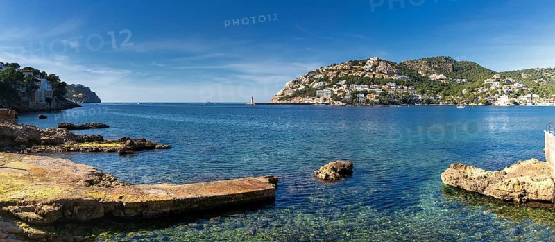 A panorama landscape view of the idyllic natural port and harbour town of Andratx in eastern Mallorca