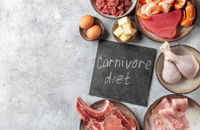 Food, Selection food for CARNIVORE DIET. Seafood, Meat, megs and fat. Zero carbs diet concept