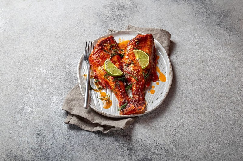 Food, Food, Baked red sea bass on kraft white plate, concrete background