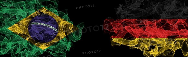 Flags of Brazil and Germany on Black background, Brazil vs Germany Smoke Flags
