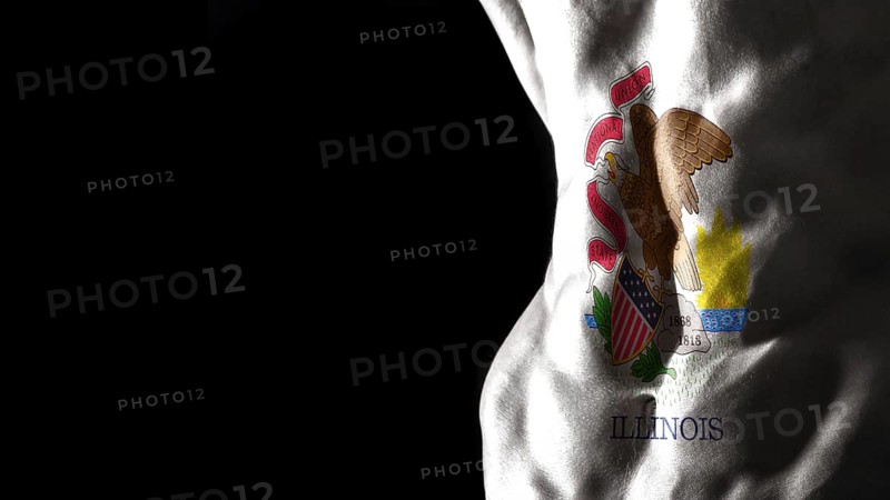 Illinois flag on abs muscles, Illinois bodybuilding concept, black background