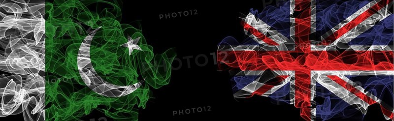 Flags of Pakistan and United Kingdom on Black background, Pakistan vs United Kingdom Smoke Flags