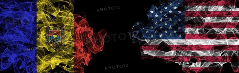 Flags of Moldova and USA on Black background, Moldova vs USA Smoke Flags