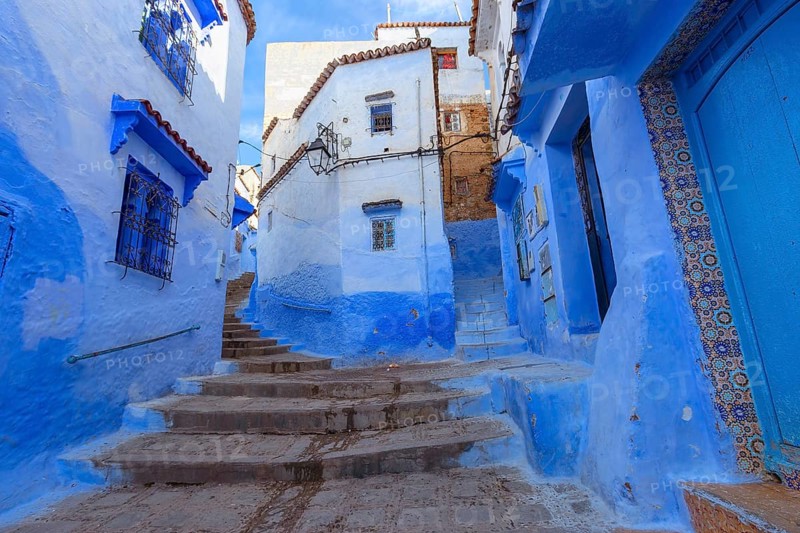 Traditional old blue street inside Medina of Chefchaouen, Morocco