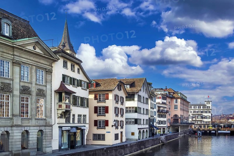 Embankment of Limmat river in Zurich historical center, Switzerland