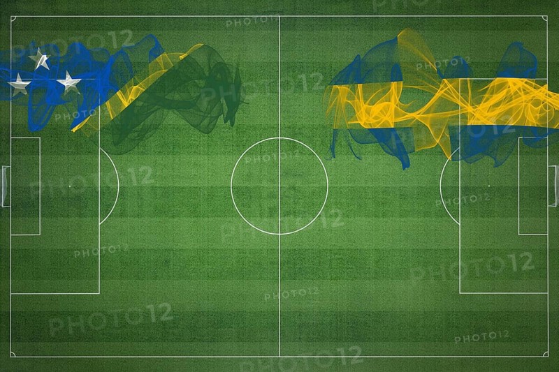 Solomon Islands vs Sweden Soccer Match, national colors, national flags, soccer field, football game, Competition concept, Copy space