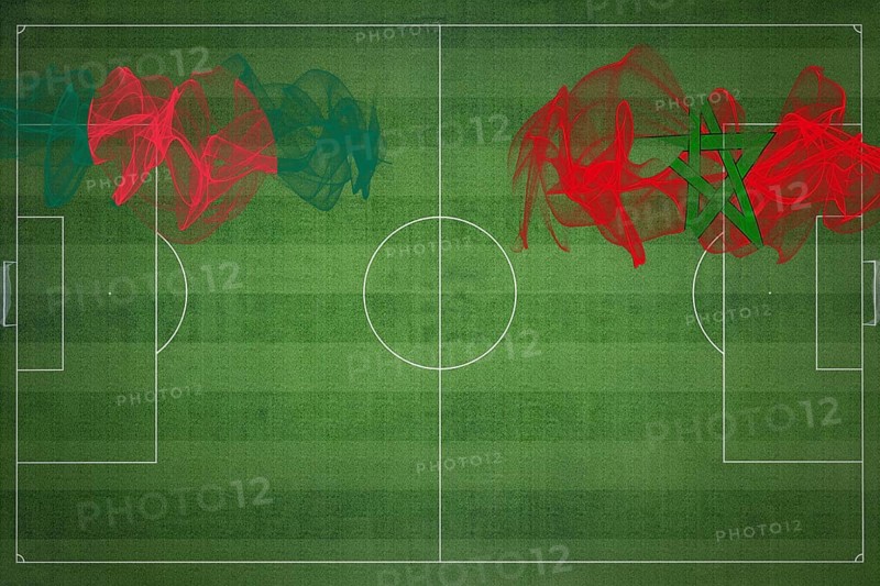 Bangladesh vs Morocco Soccer Match, national colors, national flags, soccer field, football game, Competition concept, Copy space