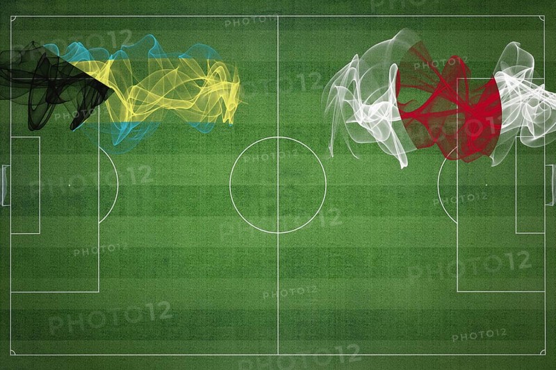 Bahamas vs Japan Soccer Match, national colors, national flags, soccer field, football game, Competition concept, Copy space