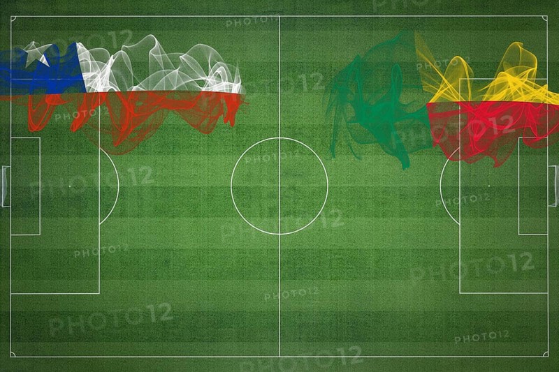 Chile vs Benin Soccer Match, national colors, national flags, soccer field, football game, Competition concept, Copy space