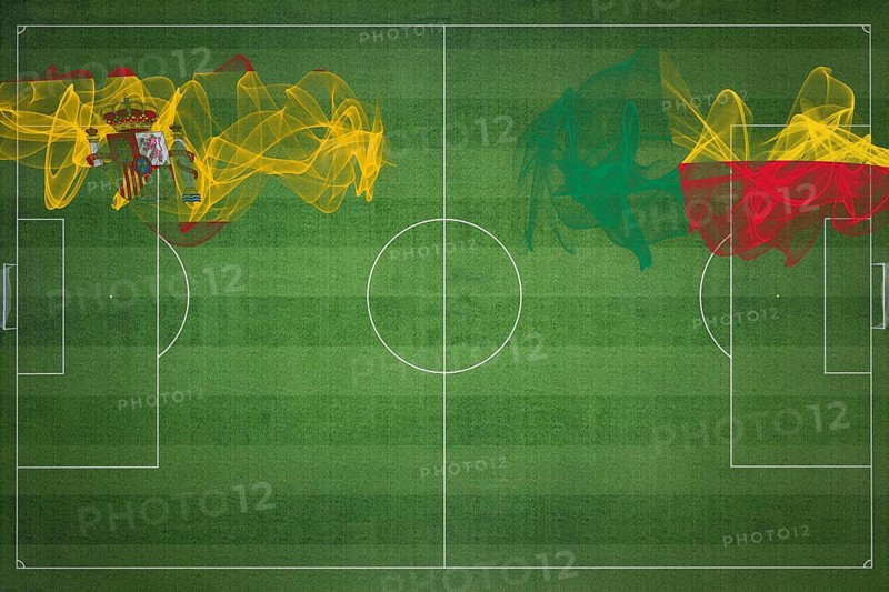 Spain vs Benin Soccer Match, national colors, national flags, soccer field, football game, Competition concept, Copy space