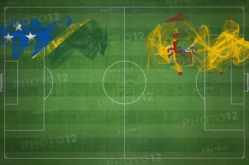 Solomon Islands vs Spain Soccer Match, national colors, national flags, soccer field, football game, Competition concept, Copy space