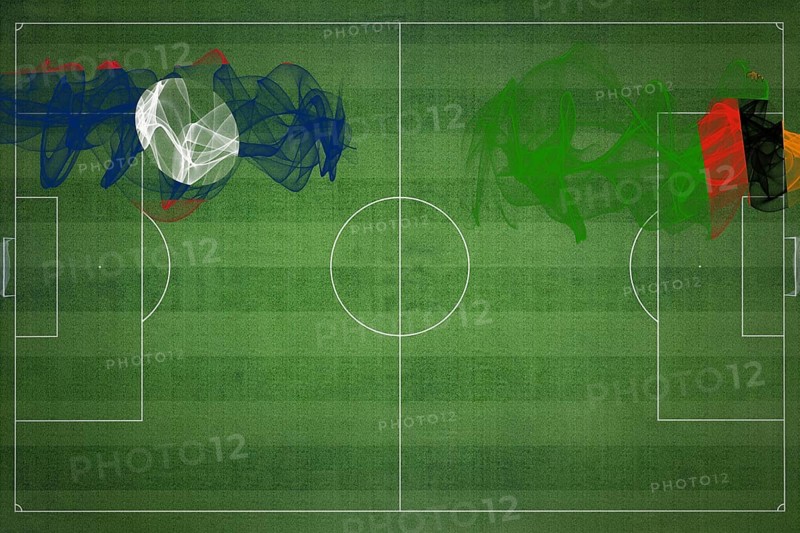 Laos vs Zambia Soccer Match, national colors, national flags, soccer field, football game, Competition concept, Copy space