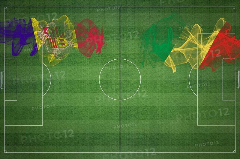 Andorra vs Congo Soccer Match, national colors, national flags, soccer field, football game, Competition concept, Copy space