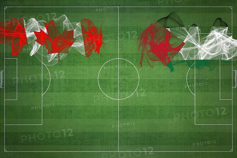 Canada vs Palestine Soccer Match, national colors, national flags, soccer field, football game, Competition concept, Copy space