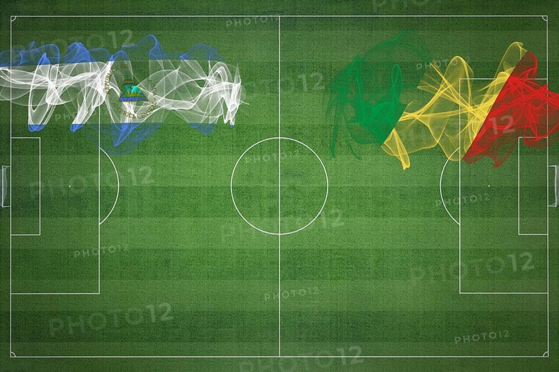 Nicaragua vs Congo Soccer Match, national colors, national flags, soccer field, football game, Competition concept, Copy space