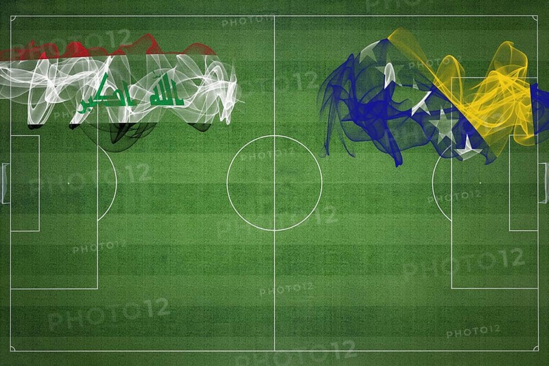 Iraq vs Bosnia and Herzegovina Soccer Match, national colors, national flags, soccer field, football game, Competition concept, Copy space
