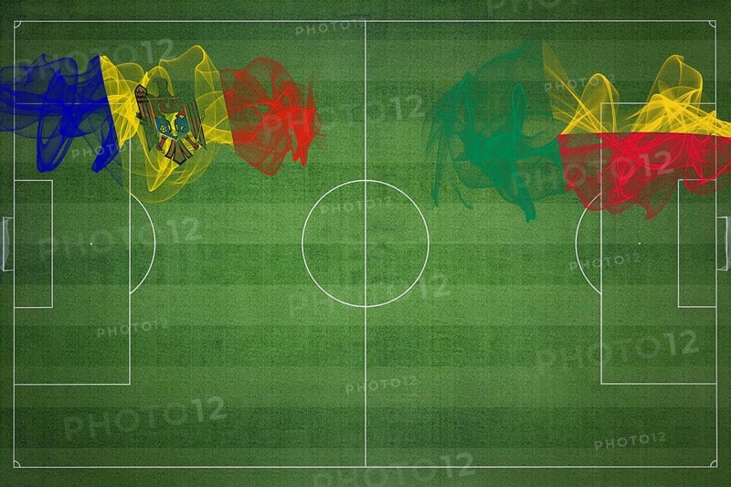 Moldova vs Benin Soccer Match, national colors, national flags, soccer field, football game, Competition concept, Copy space