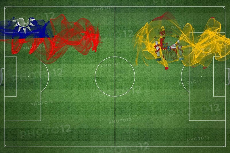 Taiwan vs Spain Soccer Match, national colors, national flags, soccer field, football game, Competition concept, Copy space