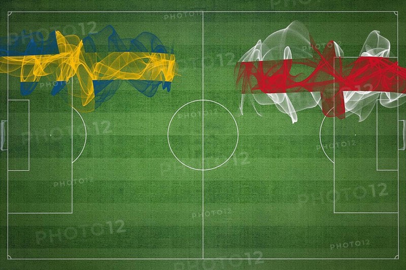 Sweden vs England Soccer Match, national colors, national flags, soccer field, football game, Competition concept, Copy space