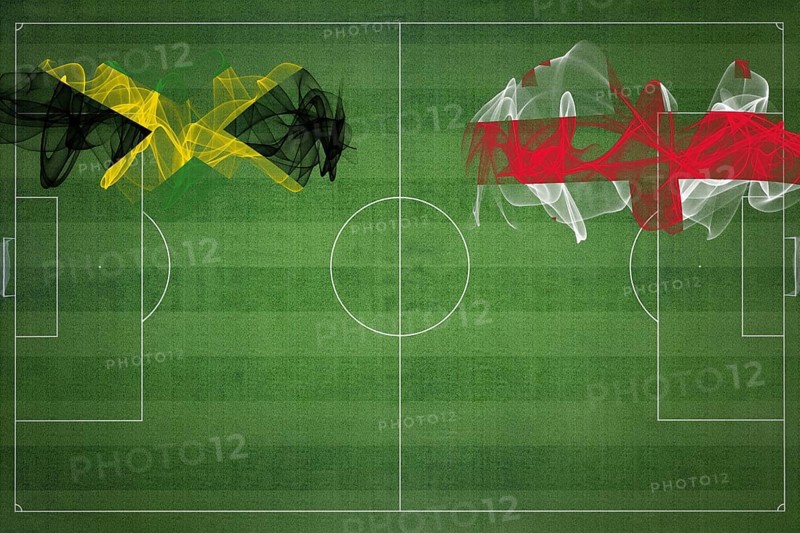 Jamaica vs Georgia Soccer Match, national colors, national flags, soccer field, football game, Competition concept, Copy space