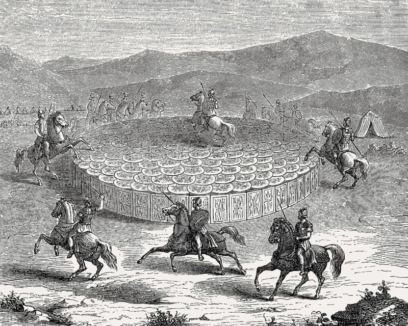A Roman testudo or tortoise formation, shield wall formation used by the Roman Legions