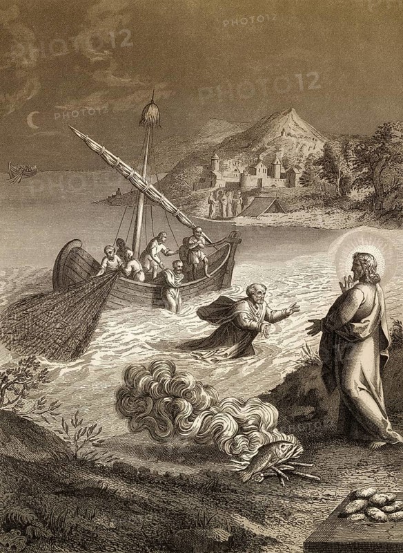The miraculous catch of 153 fish, Resurrection of Jesus, New Testament, steel engraving 1853, digitally restored