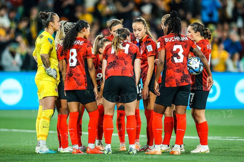 MELBOURNE, AUSTRALIA, JULY 31: Canada team discuss after conceding a goal against Australia at the FIFA Women's World Cup Australia & New Zealand 2023 at Melbourne Rectangular Stadium on July 31, 2023