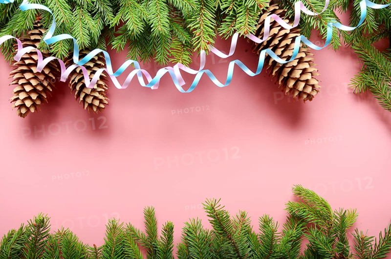 Flat lay design of Christmas greeting card of fir twigs cones and paper streamer on pink background. Space for text