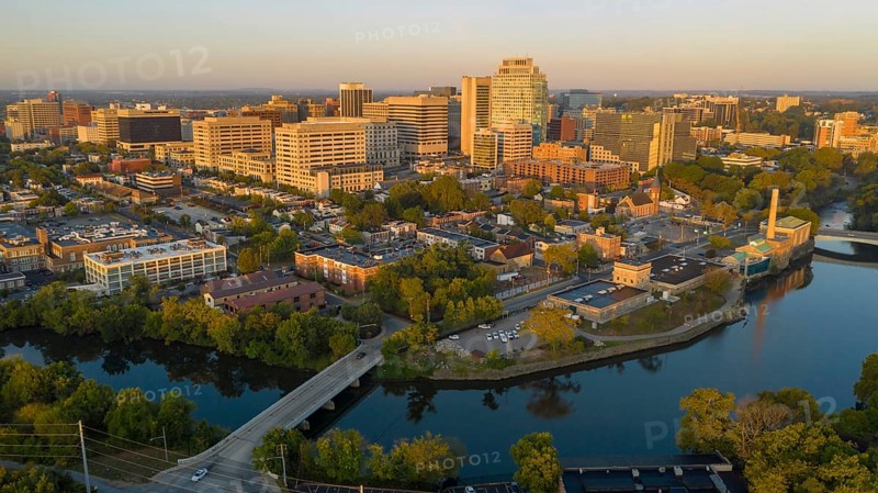 Saturated early morning light hits the buildings and architecture of downtown Wilmington Delaware