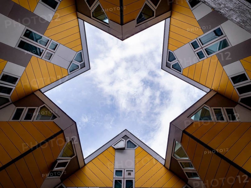 The six-pointed star shape in the centre of the modern yellow cube house by Piet Blom, Rotterdam, South Holland, Netherlands