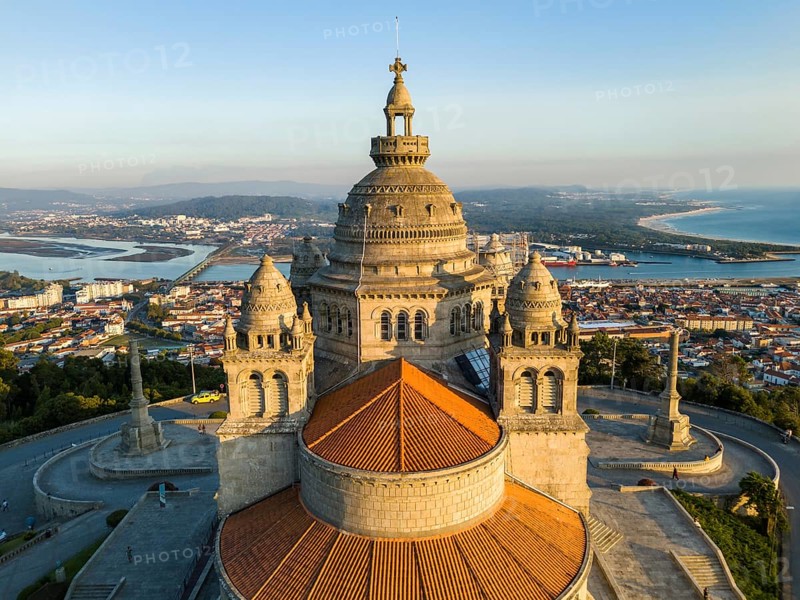 Basilica Santa Luzia at Sunset. Viana do Castelo City, Portugal. Aerial View