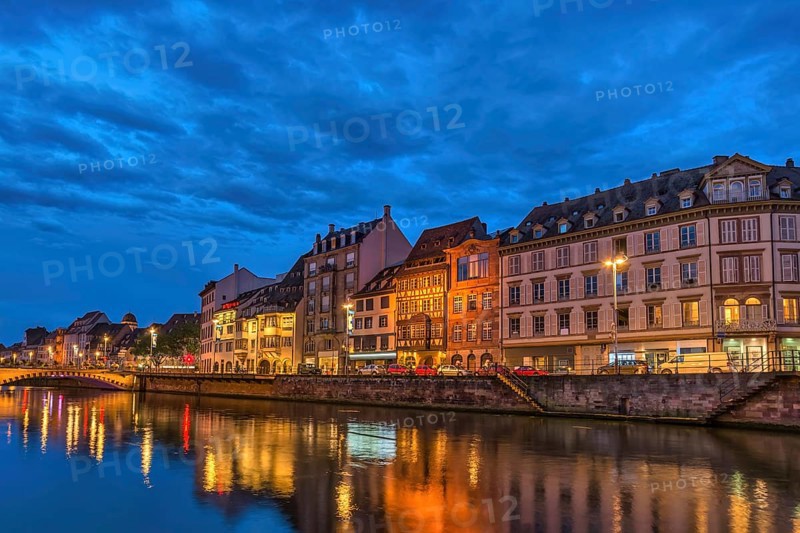Strasbourg France, colorful Half Timber House night city skyline and Ill river