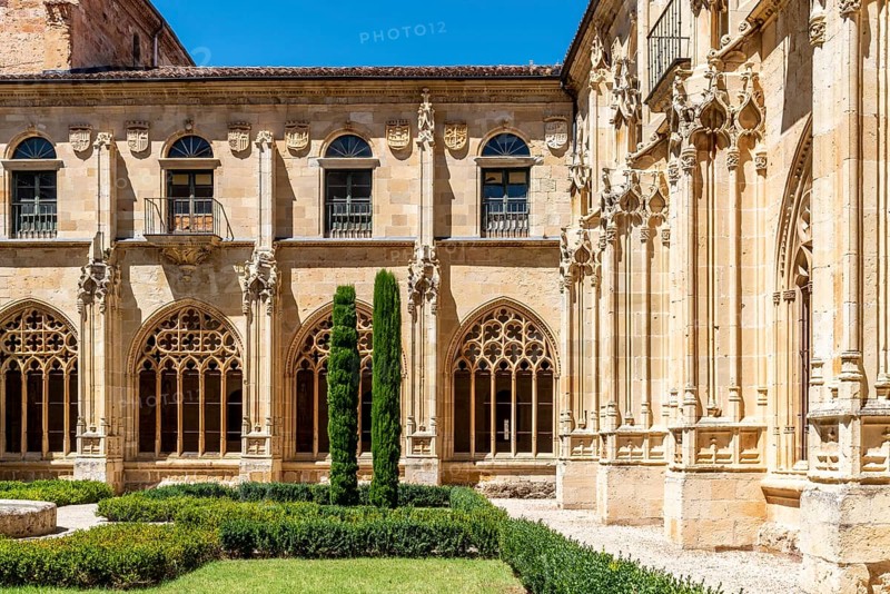 Ona, Spain, 5 August, 2020: Benedictine monastery of San Salvador de Oña in Burgos. Gothic cloister