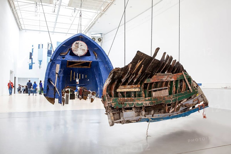 Remains of wooden boats from Lesbos Greece, sound instruments, the sound installation Fluchtzieleuropahavarieschallkörper by visual artist Guillermo Galindo, documenta hall, documenta 14 exhibition, 2017, Kassel, Germany
