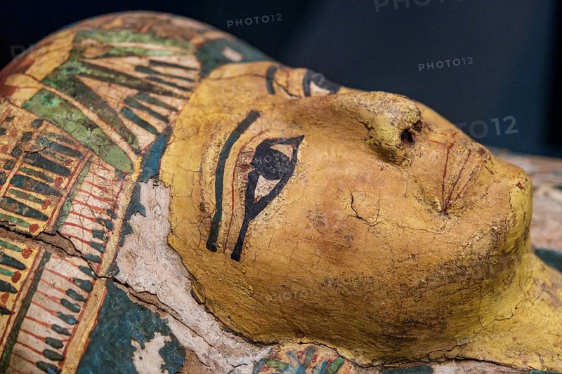 Anthropomorphic mummy coffin, painting detail, Gregorian Egyptian Museumn Musei Vaticani, State of the Vatican City, Roma, Lazio, Italia
