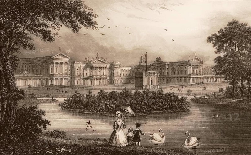 St James's Park, Buckingham Palace, London, England, after Nathaniel Whittock, 1821
