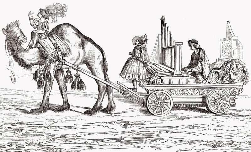 Paul Hofhaimer, 1459-1537, ein österreichischer Organist und Komponist auf einem Wagen mit Orgelpositiv
