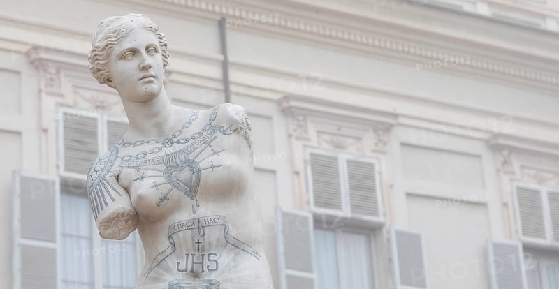Turin, Italy, Circa January 2022: Venus de Milo with tattoos by Fabio Viale. White marble and coloured ink