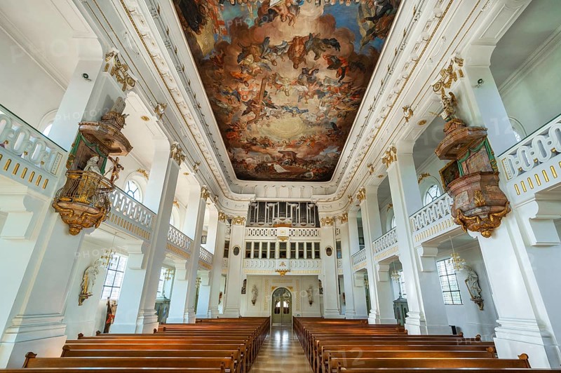 The organ loft with ceiling fresco of the Roman Catholic Church of St Verena, Bad Wurzach, Allgäu, Baden-Württemberg, Germany