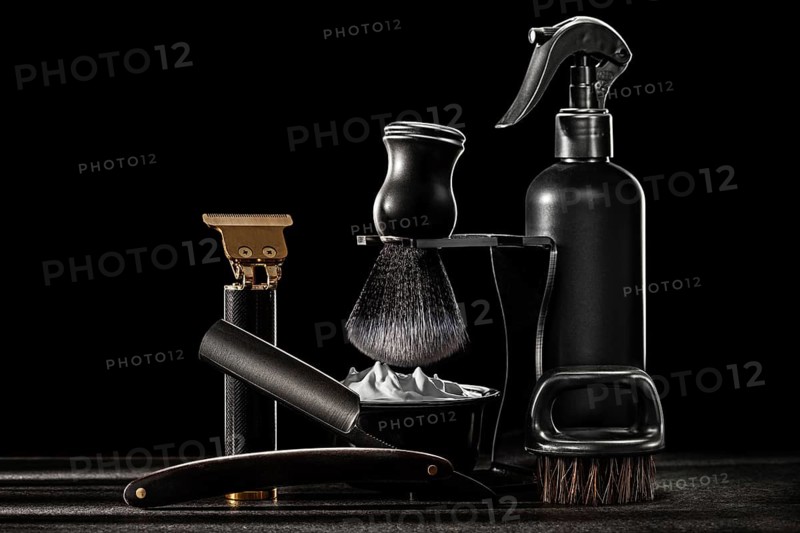 Black Tools Of Barber. Straight Edge Barber Razor Shaving Brush On Stand Beard Brush Professional Hair Clippers Trimmer Cutting Beard Cordless Barber Shaving Machine Water Sprayer
