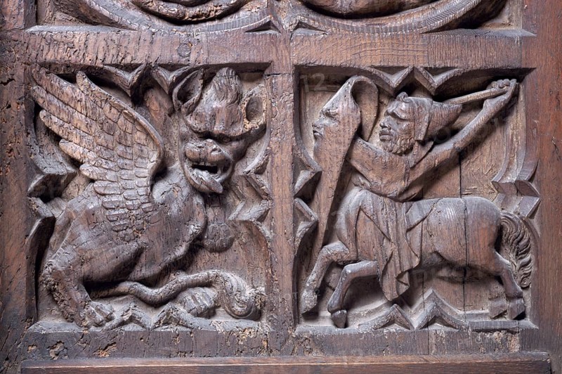 Detail of the choir stalls, fight with a dragon, St, Saint, Saint