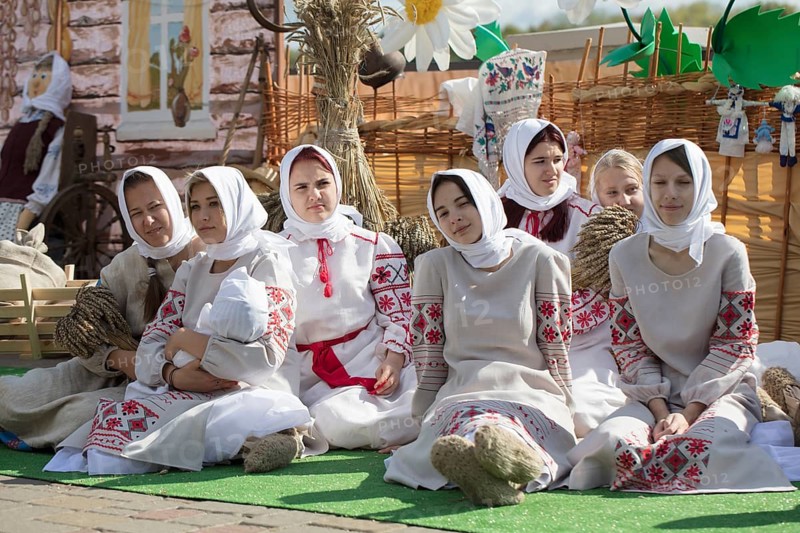 Belarus, the city of Gomil, 14 September 2019. city festival. A group of Slavic woman in national dress. Young Ukrainian or Belarusian girls in embroidered shirts