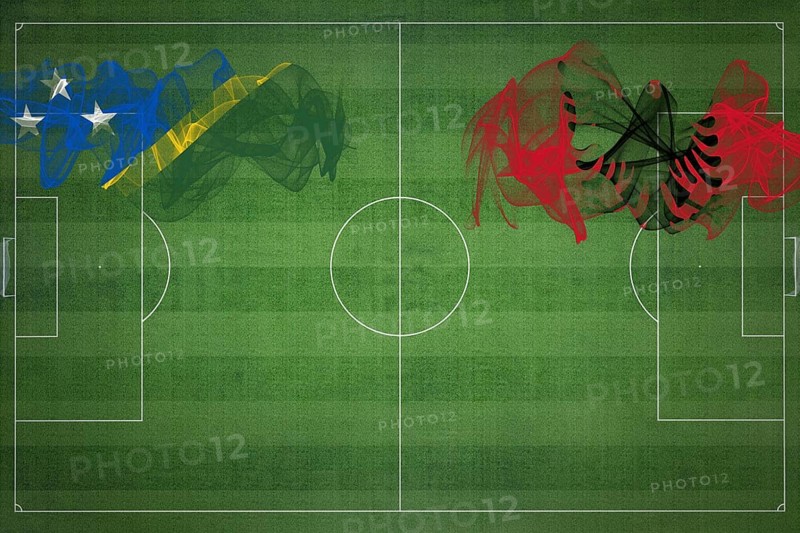 Solomon Islands vs Albania Soccer Match, national colors, national flags, soccer field, football game, Competition concept, Copy space