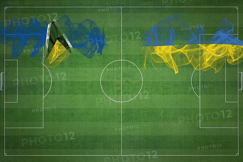 Saint Lucia vs Ukraine Soccer Match, national colors, national flags, soccer field, football game, Competition concept, Copy space