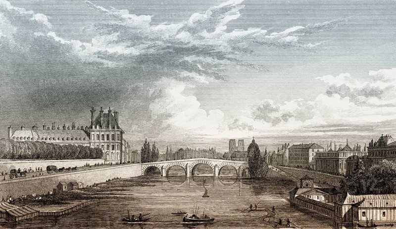 Panorama of Paris with Notre-Dame de Paris, antique steel engraved print, 1831