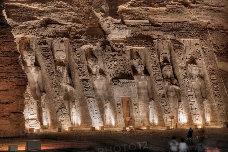 Illuminated Hathor Temple of Nefertari, Abu Simbel, Egypt