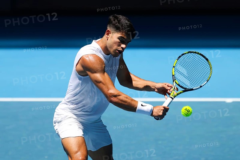 MELBOURNE, AUSTRALIA, JANUARY 11: Carlos Alcaraz of Spain completes a training session with Stan Wawrinka of Switzerland ahead of the 2024 Australian Open at Melbourne Park on January 11, 2024 in Melbourne, Australia