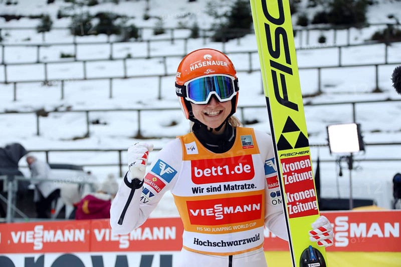 Marita Kramer Austria is all smiles after her second victory on the Hochfirstschanze at the FIS Ski Jumping World Cup Women Neustadt 2021